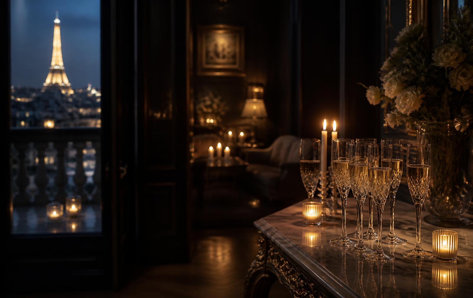 Crystal champagne flutes by candlelight in a private Parisian residence